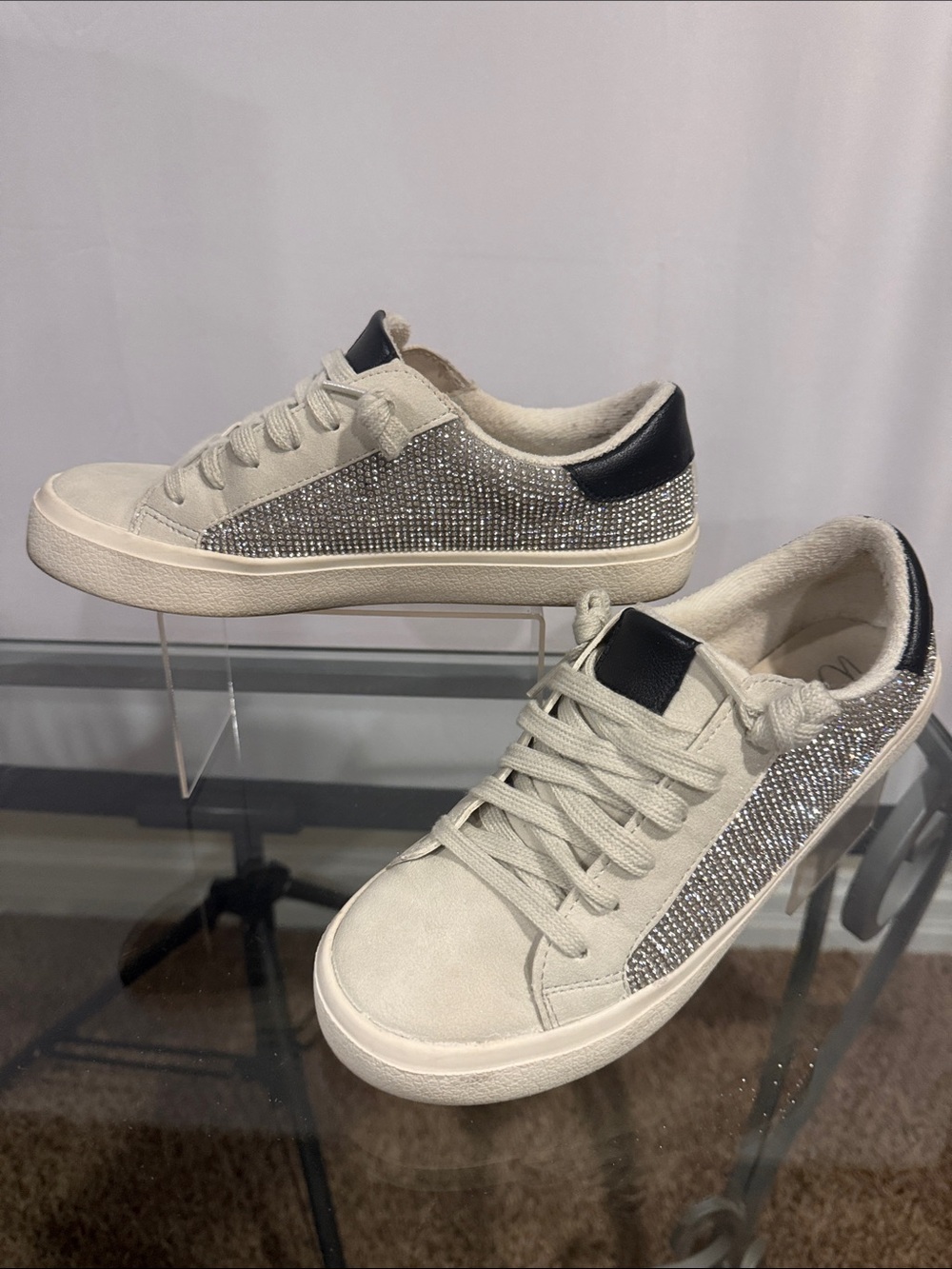 Wild Pair Ivory and Black Crystal-Embellished Low Top Sneakers